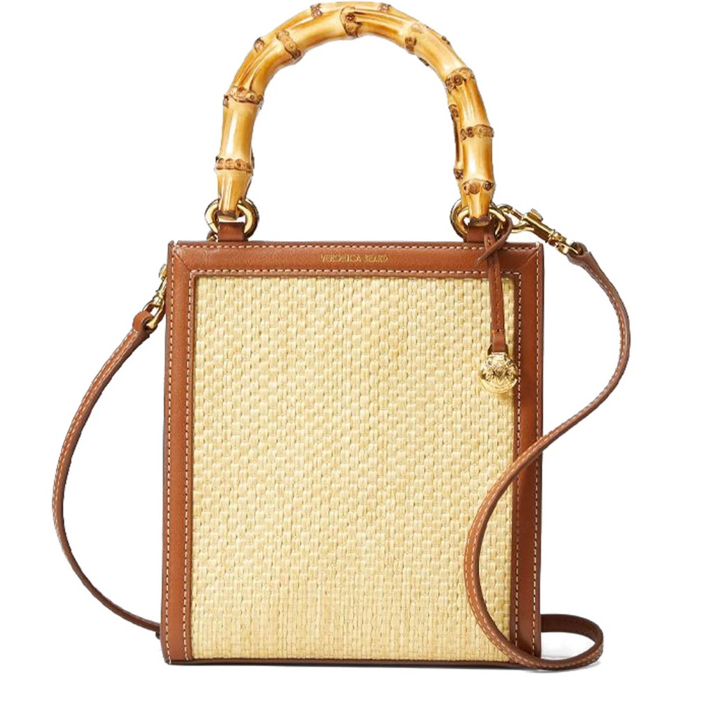 Veronica Beard Raffia Crossbody Bag with Bamboo Top Handle in Tan and Natural